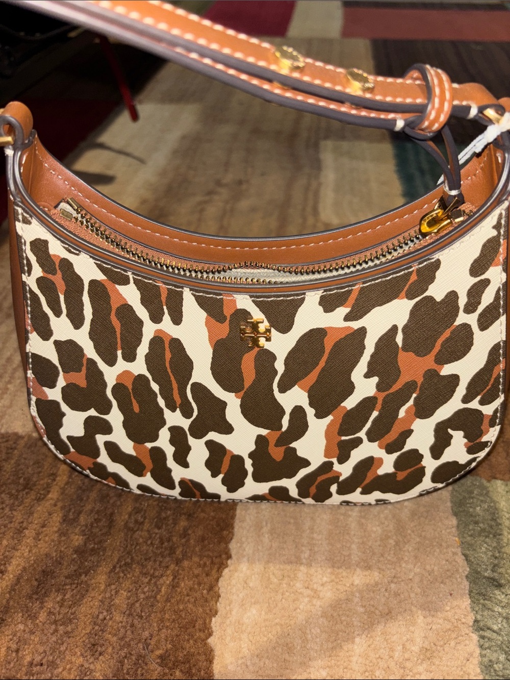 Tory Burch Leather-Trim Leopard Print Shoulder Bag in Brown/Tan